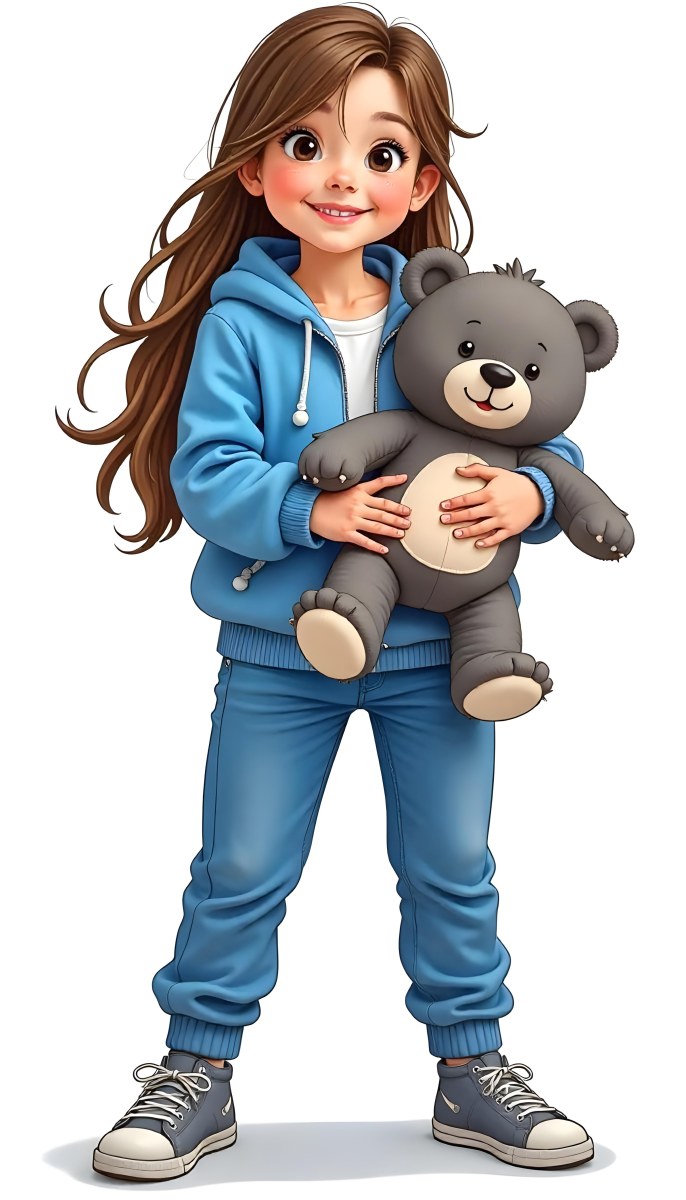 A White Girl Age 10 Long Brown Hair Blue Hoodie And Blue Pants Holding A Gray Teddy Bear In A White Background 6 Ec07