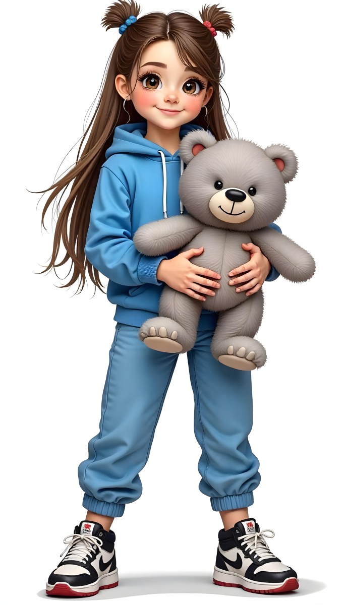 A White Girl Age 10 Long Brown Hair Blue Hoodie And Blue Pants Holding A Gray Teddy Bear In A White Background 7 33fb