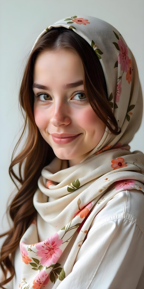 A White Girl With Freckles 21 Years Old Light Brown Hair Wearing A Hijab With Floral Ornaments Light Skin In A White Background 10 6edd
