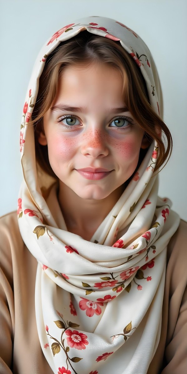 A White Girl With Freckles 21 Years Old Light Brown Hair Wearing A Hijab With Floral Ornaments Light Skin In A White Background 16 5242
