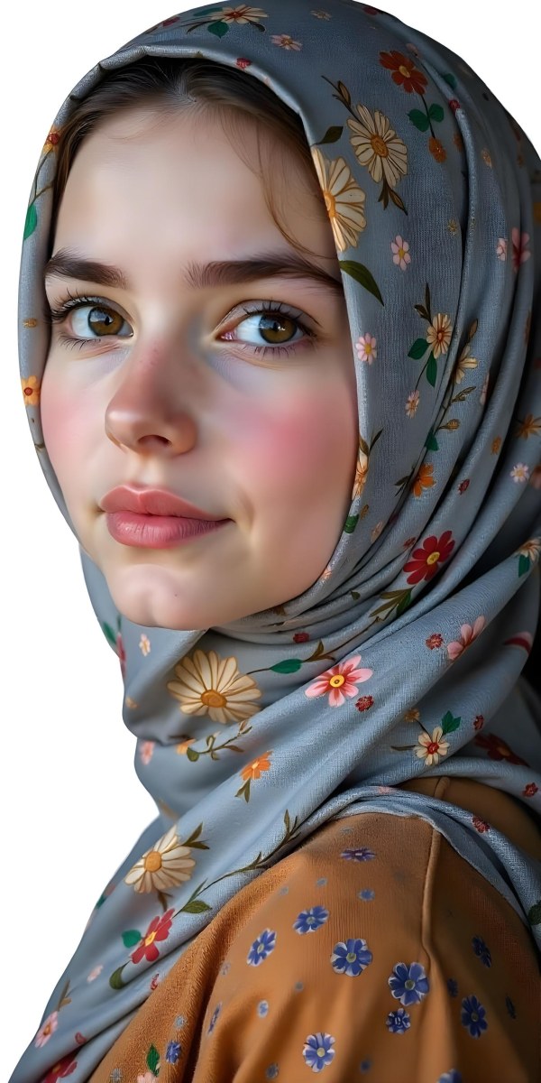 A White Girl With Freckles 21 Years Old Light Brown Hair Wearing A Hijab With Floral Ornaments Light Skin In A White Background 25 3ccd