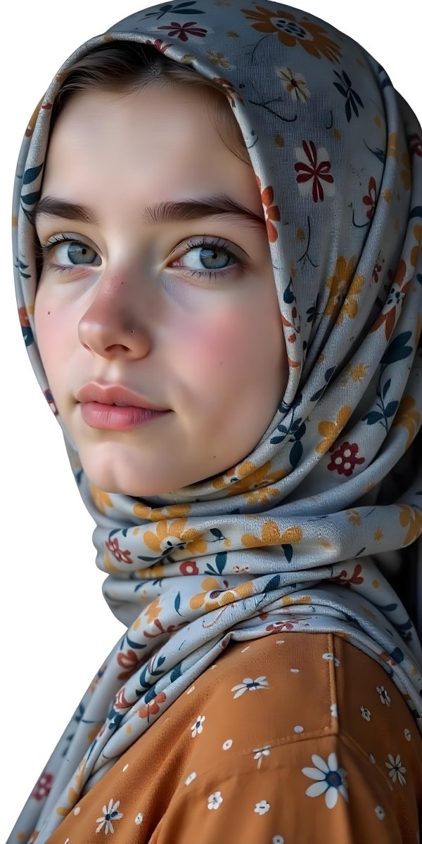 A White Girl With Freckles 21 Years Old Light Brown Hair Wearing A Hijab With Floral Ornaments Light Skin In A White Background 26 3117