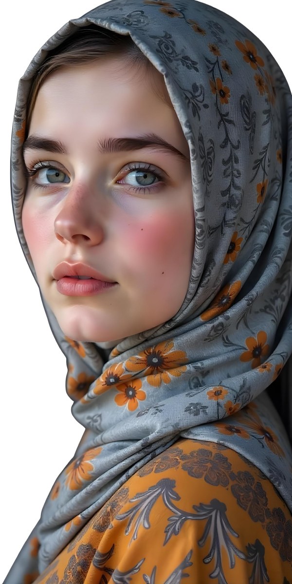 A White Girl With Freckles 21 Years Old Light Brown Hair Wearing A Hijab With Floral Ornaments Light Skin In A White Background 27 E5d4