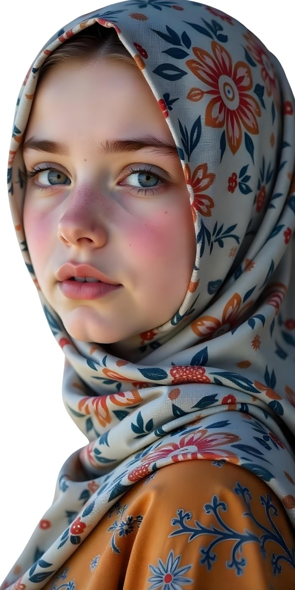 A White Girl With Freckles 21 Years Old Light Brown Hair Wearing A Hijab With Floral Ornaments Light Skin In A White Background 28 4a83