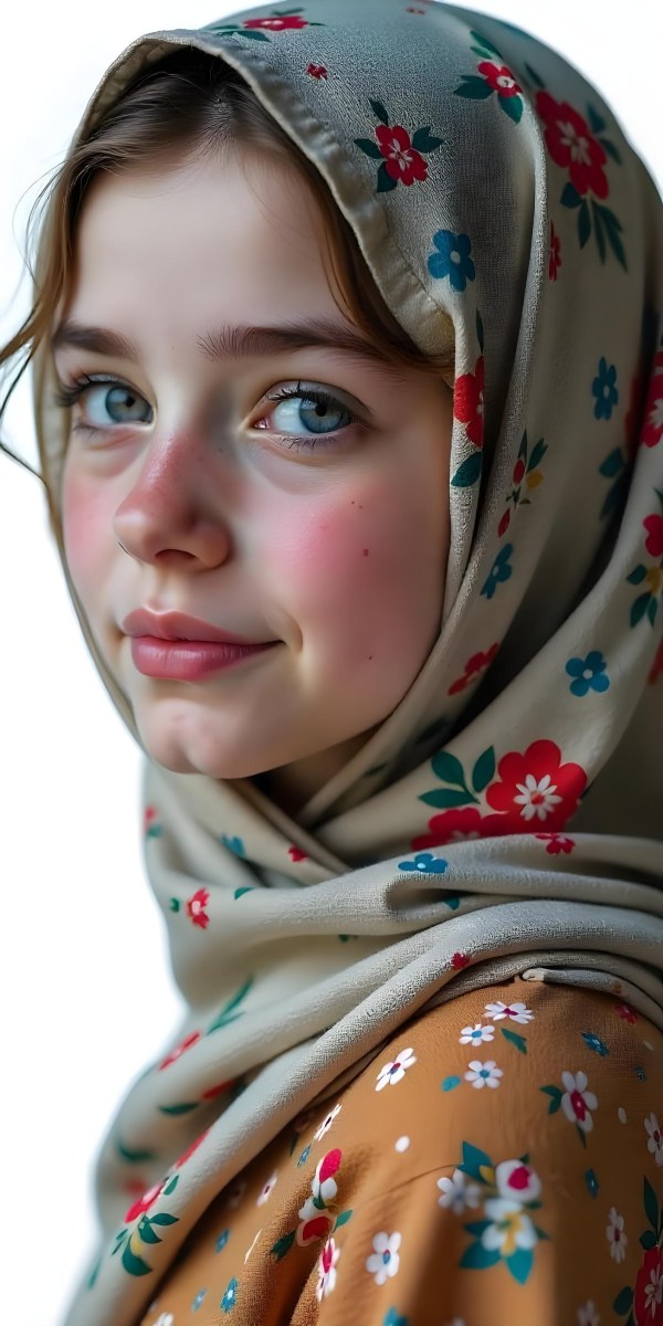 A White Girl With Freckles 21 Years Old Light Brown Hair Wearing A Hijab With Floral Ornaments Light Skin In A White Background 32 A5fd