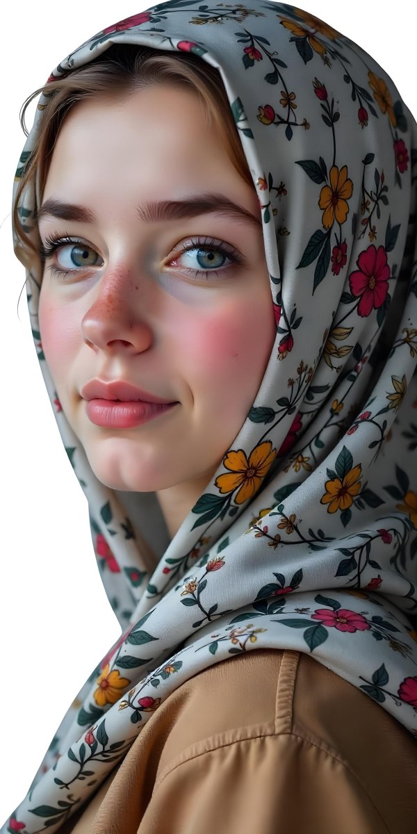 A White Girl With Freckles 21 Years Old Light Brown Hair Wearing A Hijab With Floral Ornaments Light Skin In A White Background 4 95a3