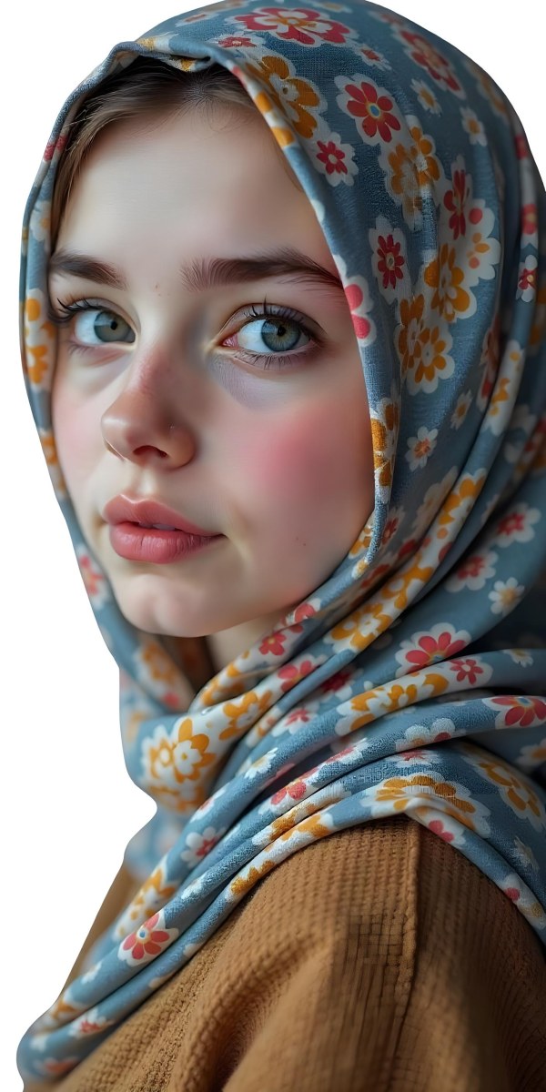 A White Girl With Freckles 21 Years Old Light Brown Hair Wearing A Hijab With Floral Ornaments Light Skin In A White Background 5 3866