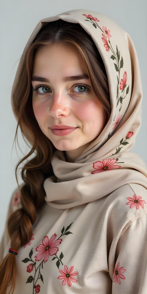 A White Girl With Freckles 21 Years Old Light Brown Hair Wearing A Hijab With Floral Ornaments Light Skin In A White Background 6 0e4b