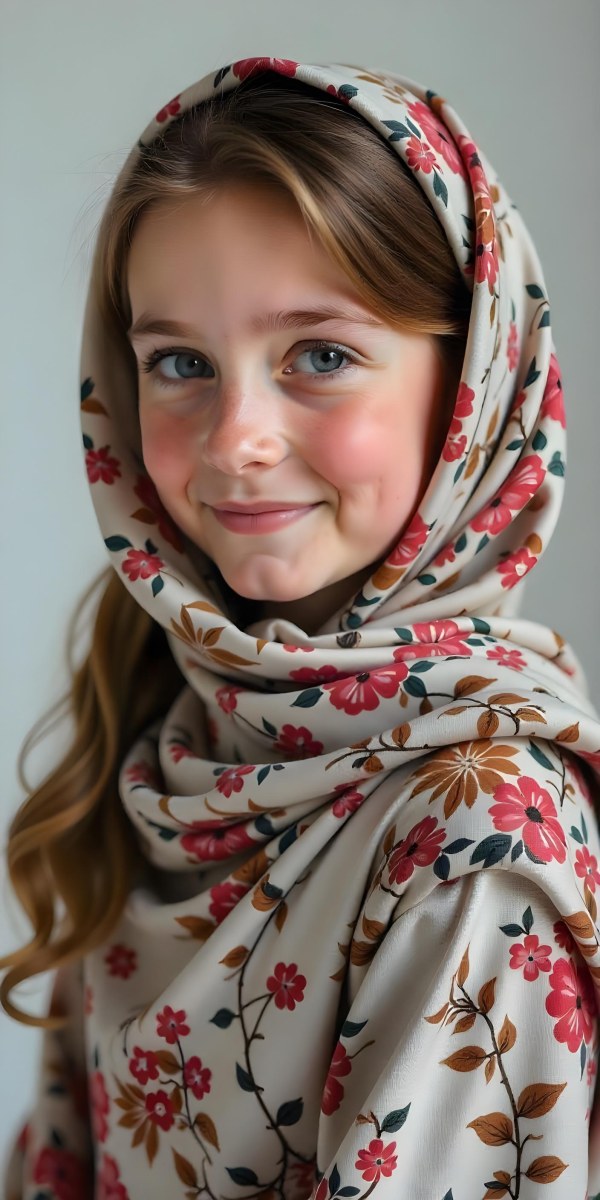 A White Girl With Freckles 21 Years Old Light Brown Hair Wearing A Hijab With Floral Ornaments Light Skin In A White Background 7 A2d1