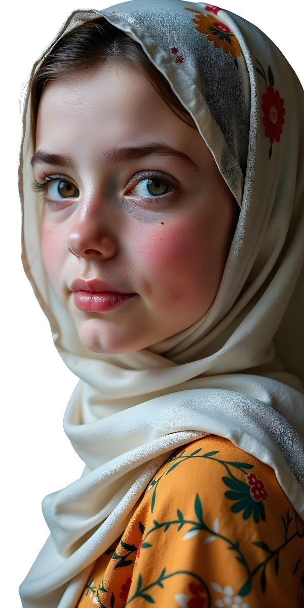 A White Girl With Freckles 21 Years Old Light Brown Hair Wearing A Hijab With Floral Ornaments Light Skin In A White Background 8 Eb7f
