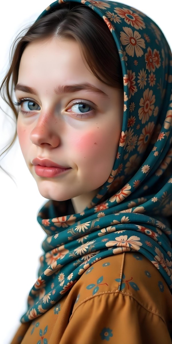 A White Girl With Freckles 21 Years Old Light Brown Hair Wearing A Hijab With Floral Ornaments Light Skin In A White Background 9 5408