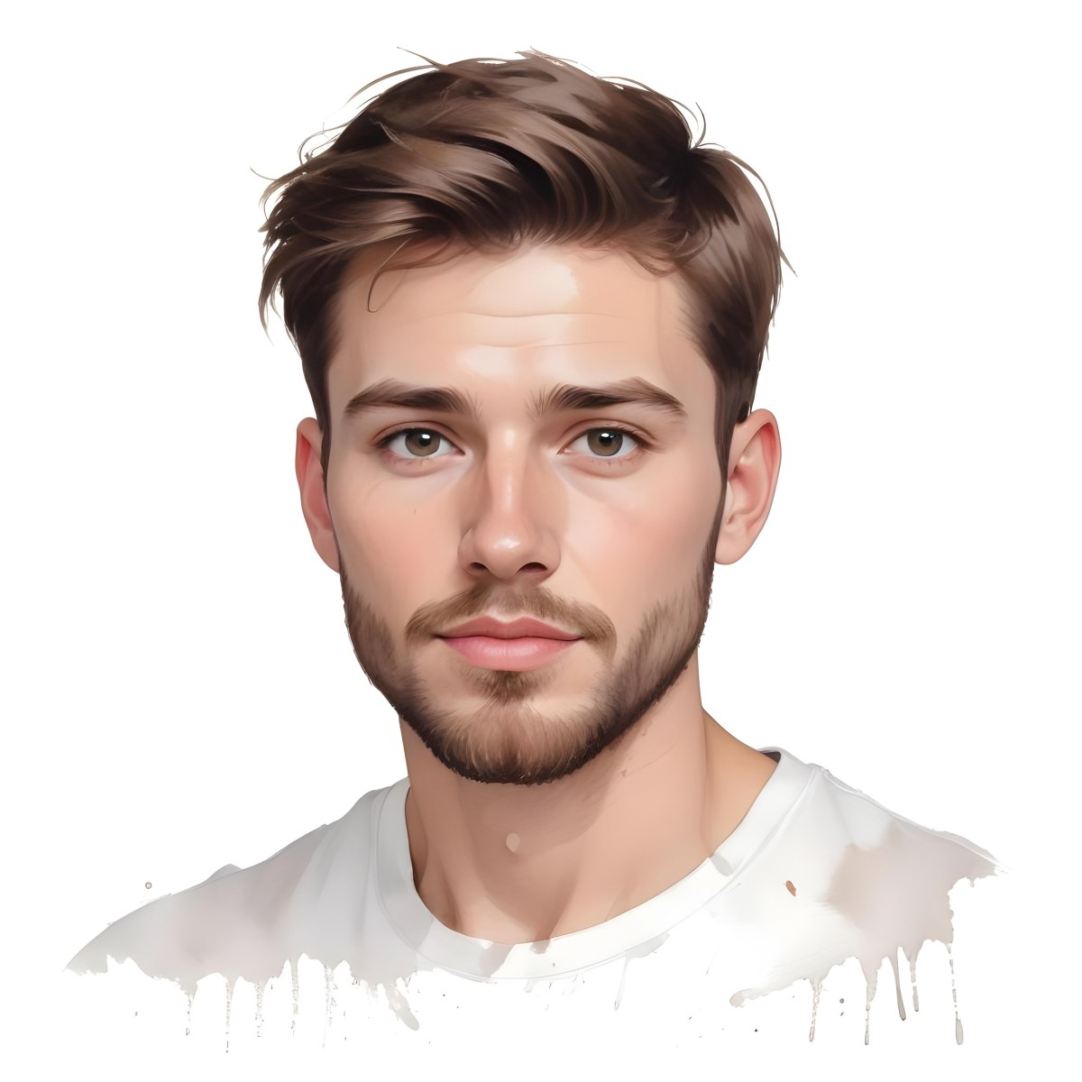 A White Man 25 Years Old With Brown Hair And A Short Beard Wearing A White T Shirt In A White Background 86 A1ad