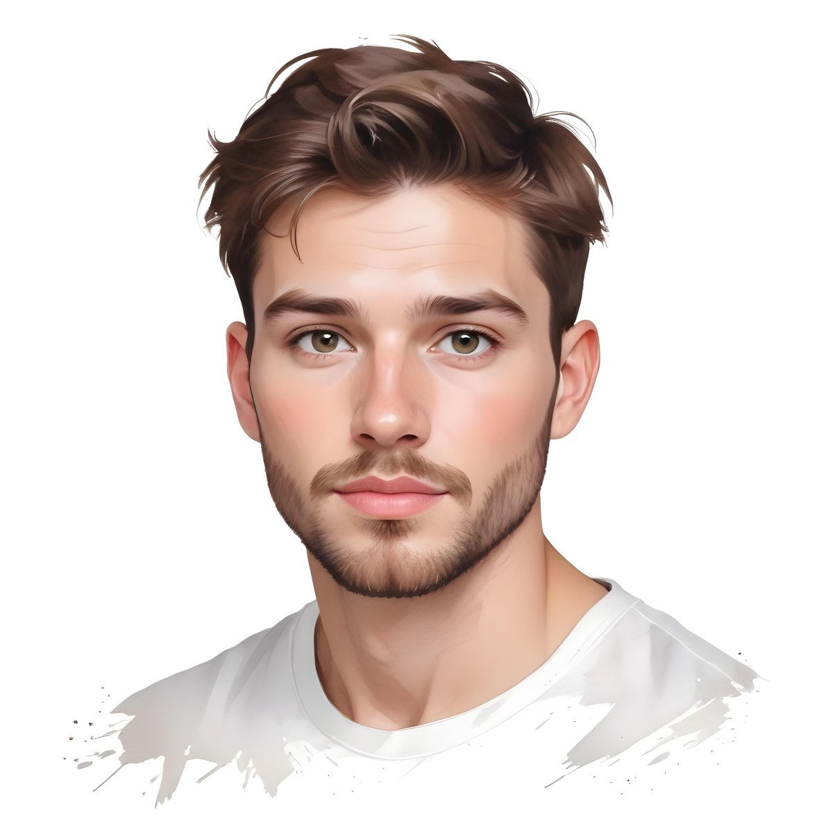 A White Man 25 Years Old With Brown Hair And A Short Beard Wearing A White T Shirt In A White Background 87 64cf