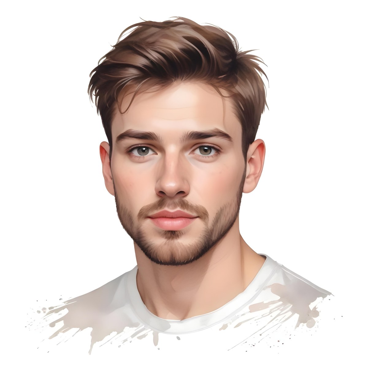 A White Man 25 Years Old With Brown Hair And A Short Beard Wearing A White T Shirt In A White Background 90 75c2