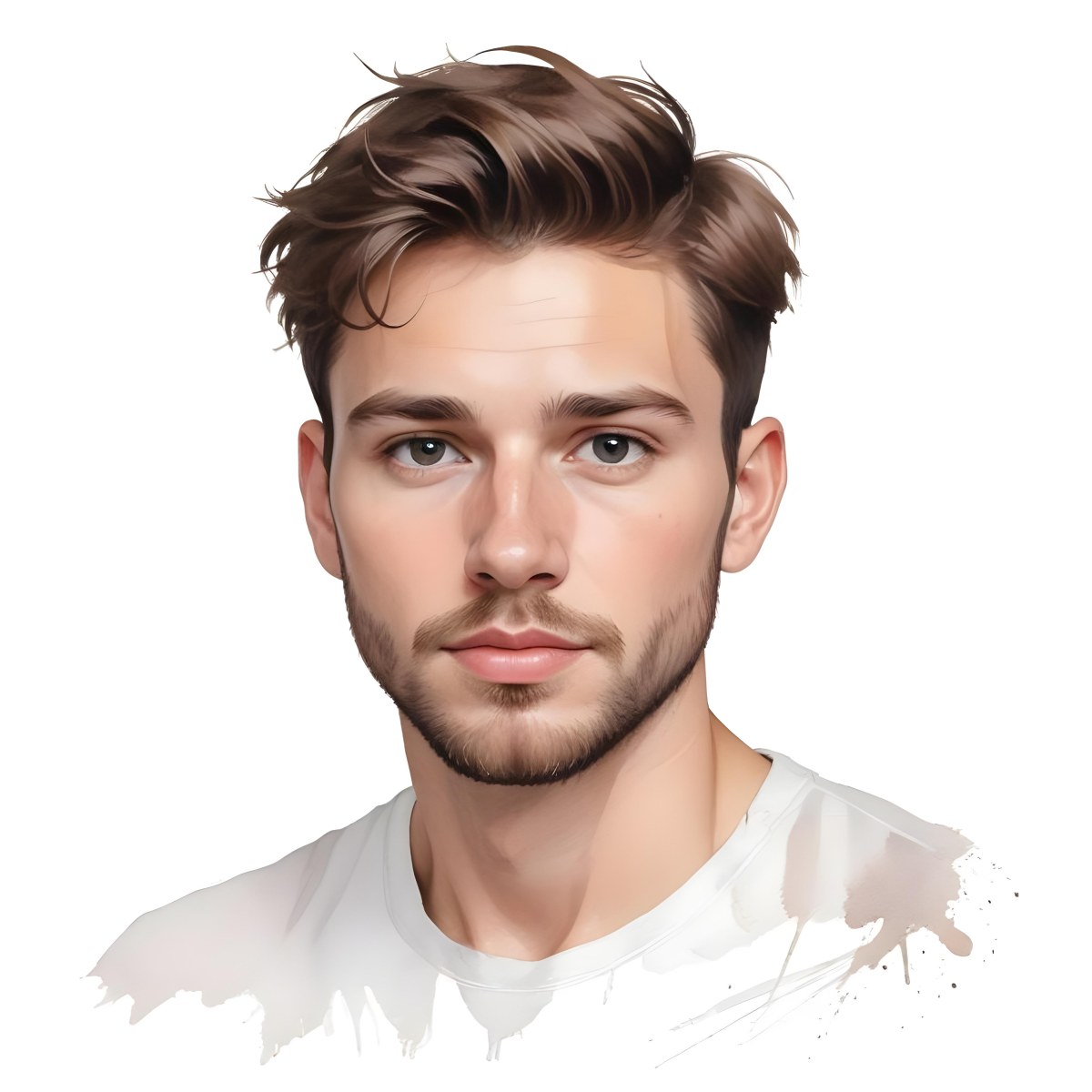 A White Man 25 Years Old With Brown Hair And A Short Beard Wearing A White T Shirt In A White Background 92 27e1