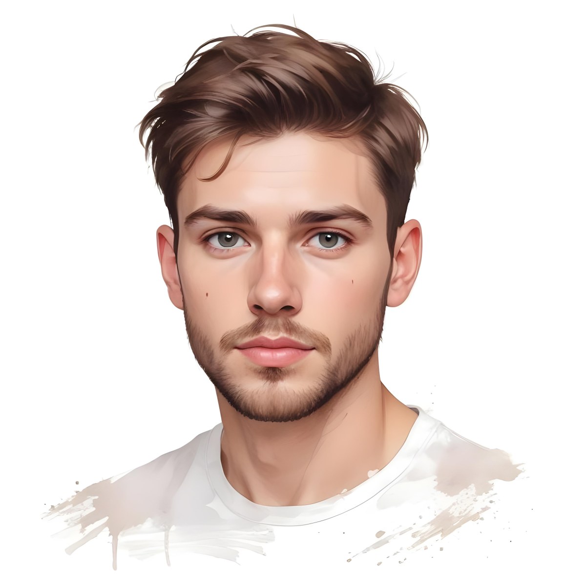 A White Man 25 Years Old With Brown Hair And A Short Beard Wearing A White T Shirt In A White Background 93 62ac