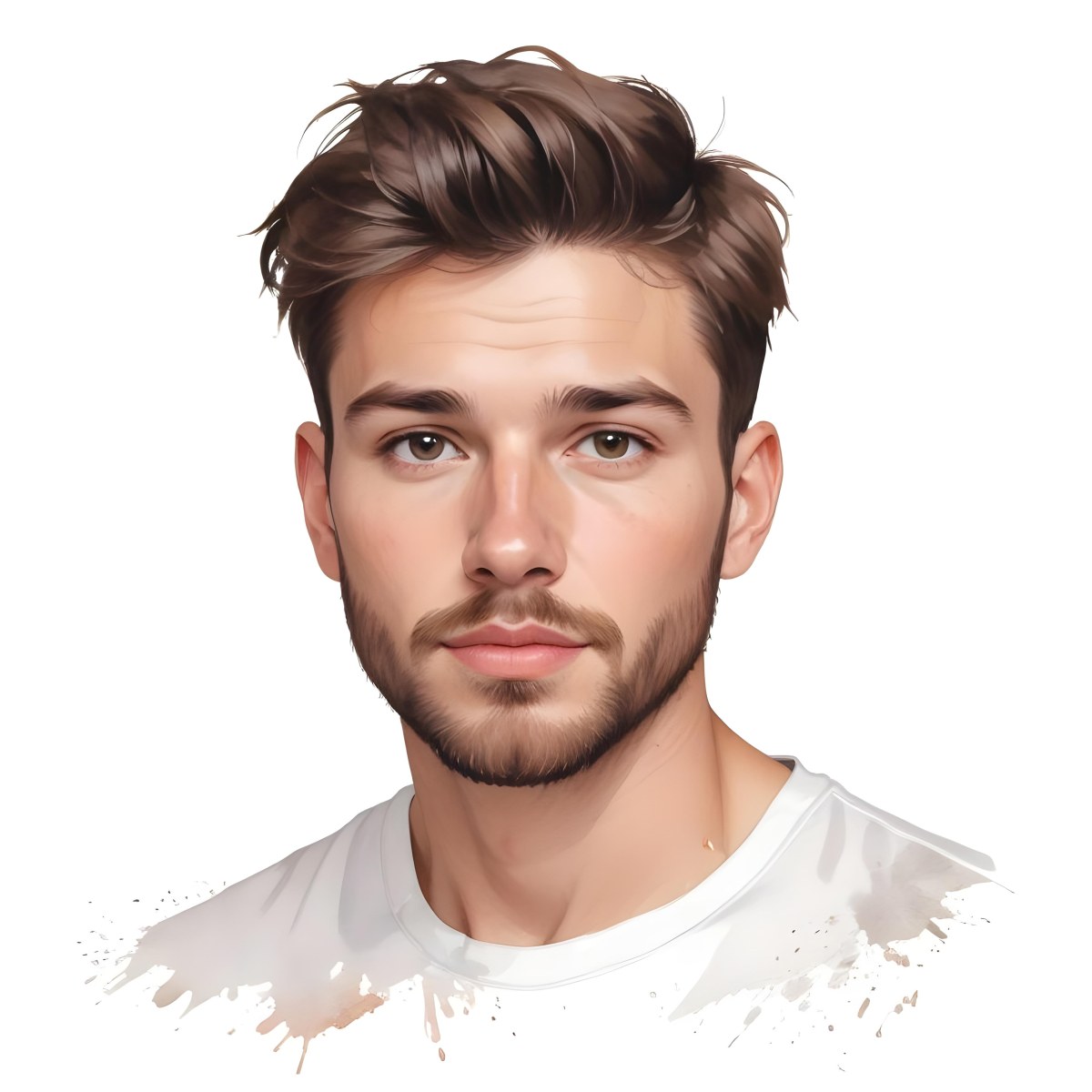 A White Man 25 Years Old With Brown Hair And A Short Beard Wearing A White T Shirt In A White Background 94 3069