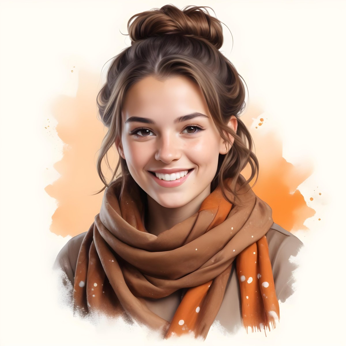 A White Woman With Light Skin 23 Years Old Brown Hair In A Bun Wearing A Brown Scarf Smiling In A White Background With Orange Spots 27 Fbce
