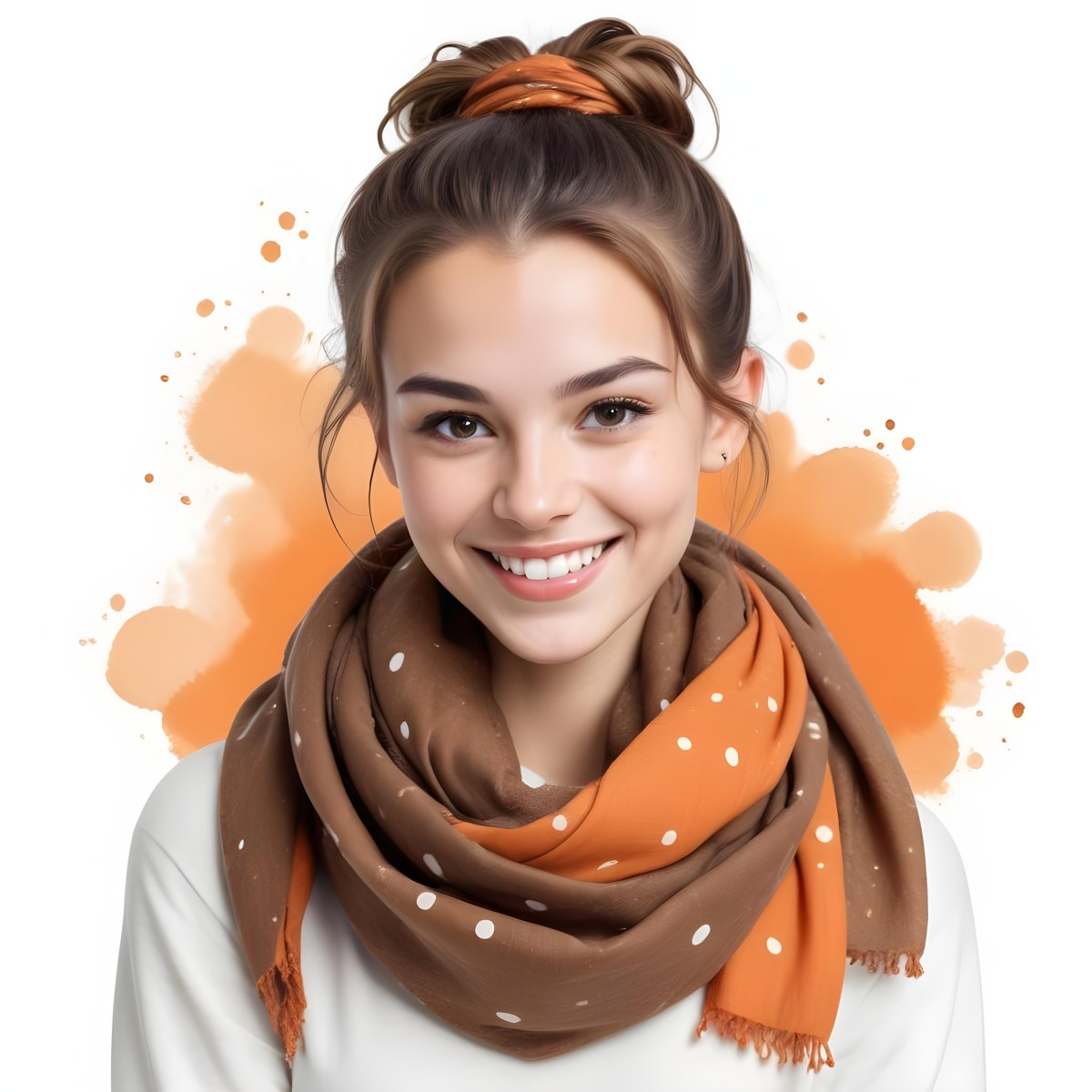 A White Woman With Light Skin 23 Years Old Brown Hair In A Bun Wearing A Brown Scarf Smiling In A White Background With Orange Spots 30 B729
