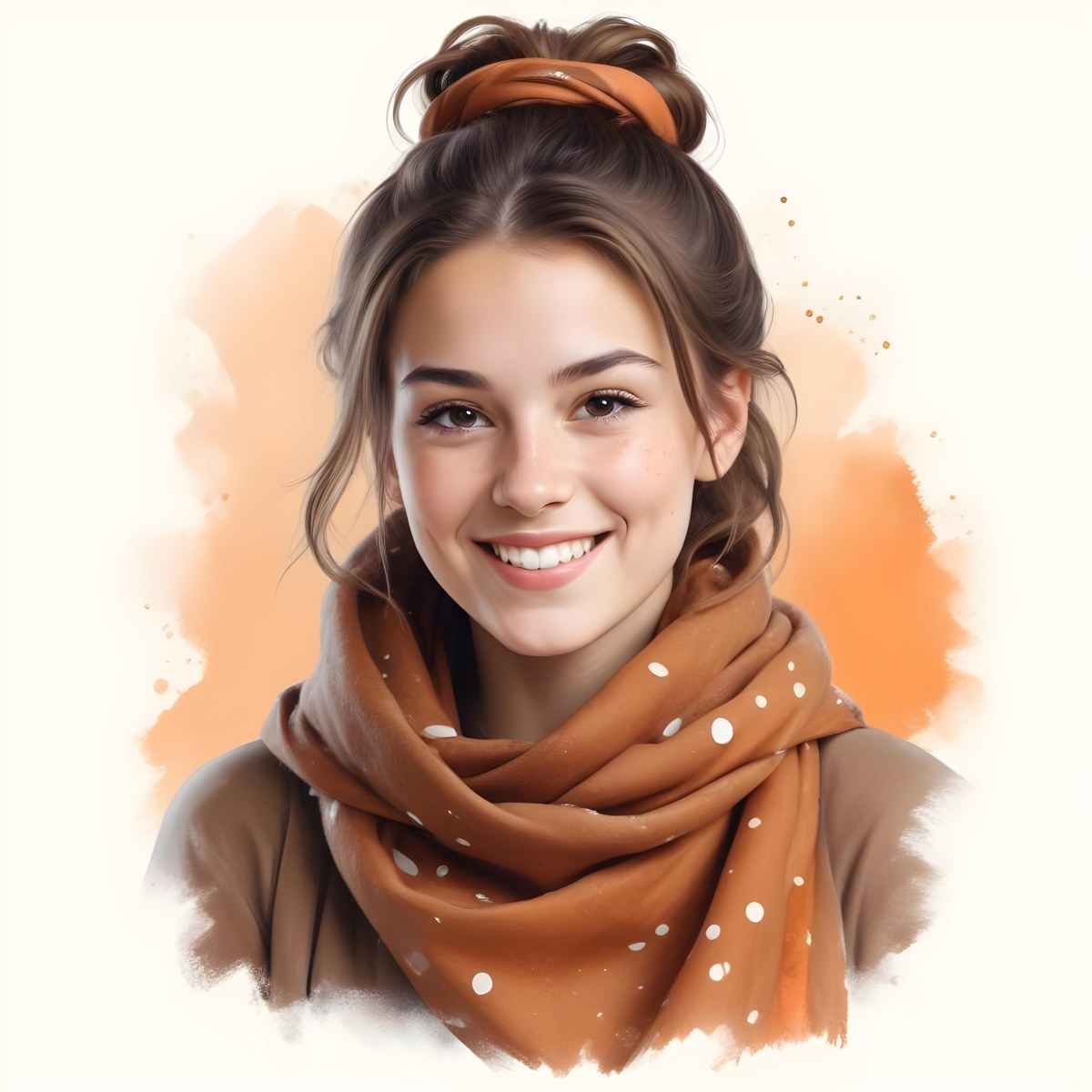A White Woman With Light Skin 23 Years Old Brown Hair In A Bun Wearing A Brown Scarf Smiling In A White Background With Orange Spots 33 B96b