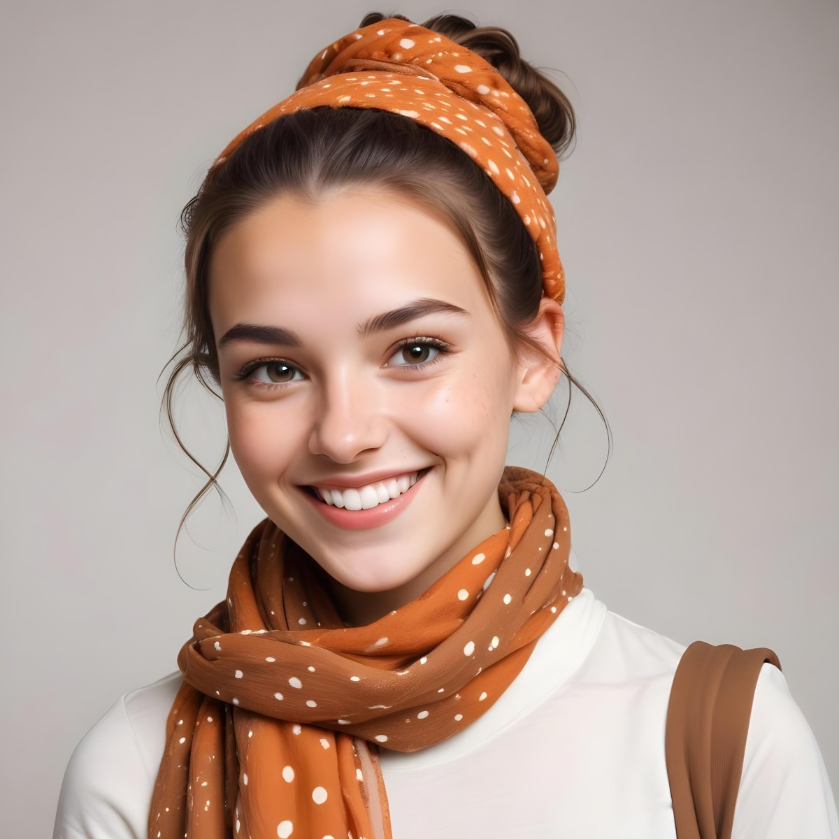 A White Woman With Light Skin 23 Years Old Brown Hair In A Bun Wearing A Brown Scarf Smiling In A White Background With Orange Spots 34 D43c