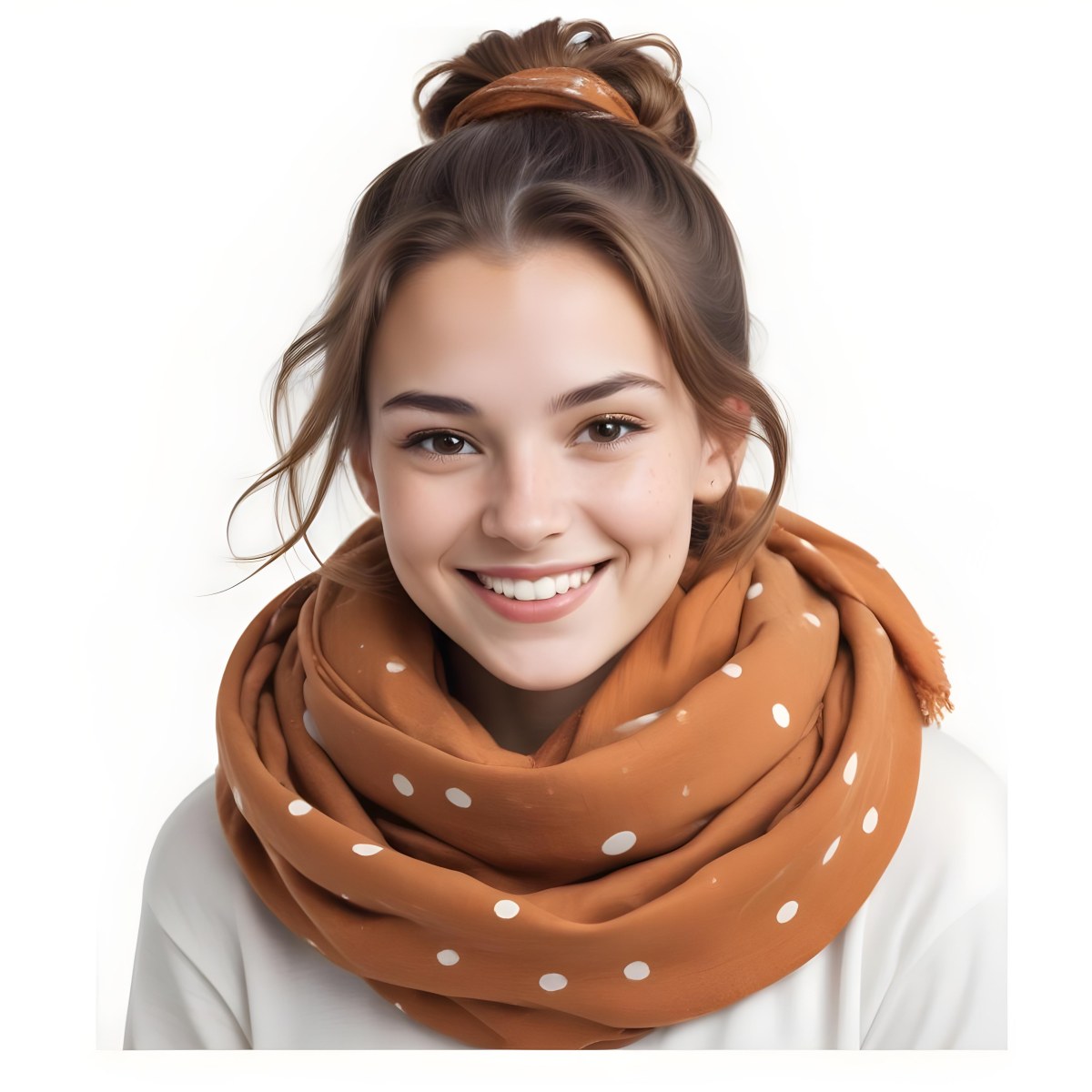 A White Woman With Light Skin 23 Years Old Brown Hair In A Bun Wearing A Brown Scarf Smiling In A White Background With Orange Spots 36 749d