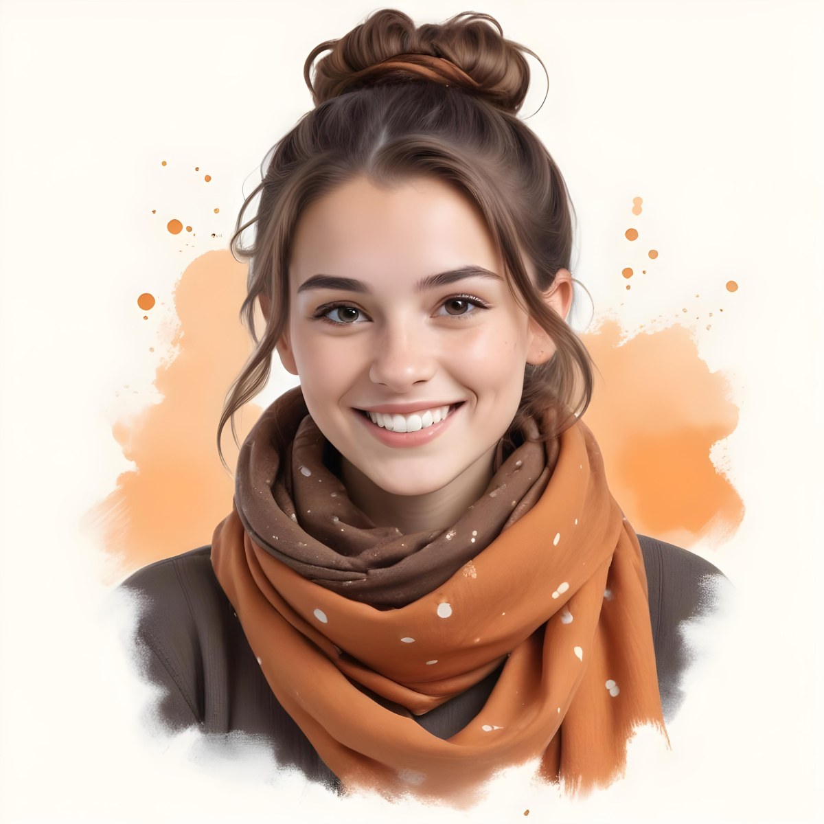 A White Woman With Light Skin 23 Years Old Brown Hair In A Bun Wearing A Brown Scarf Smiling In A White Background With Orange Spots 39 5d2f