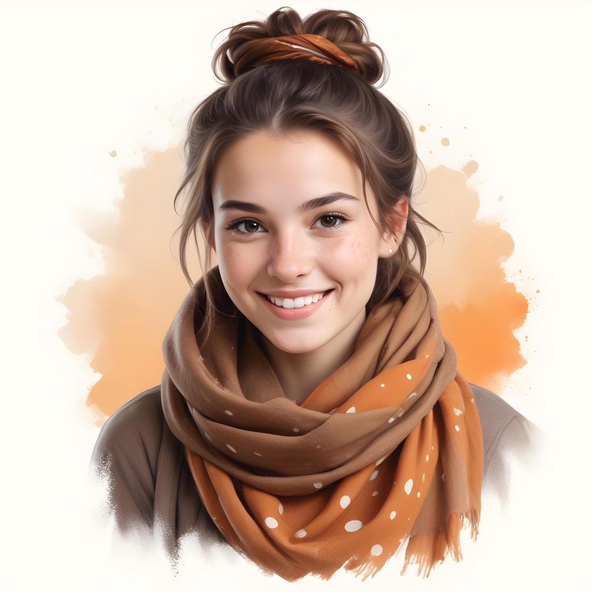 A White Woman With Light Skin 23 Years Old Brown Hair In A Bun Wearing A Brown Scarf Smiling In A White Background With Orange Spots 4 Ba00