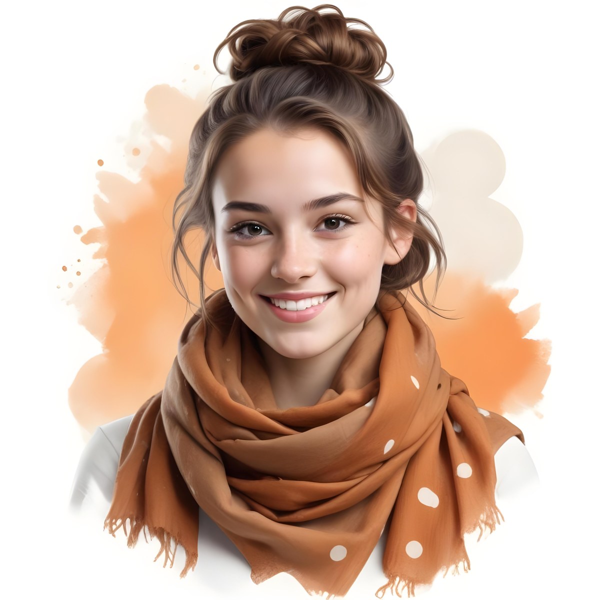 A White Woman With Light Skin 23 Years Old Brown Hair In A Bun Wearing A Brown Scarf Smiling In A White Background With Orange Spots 43 90ab