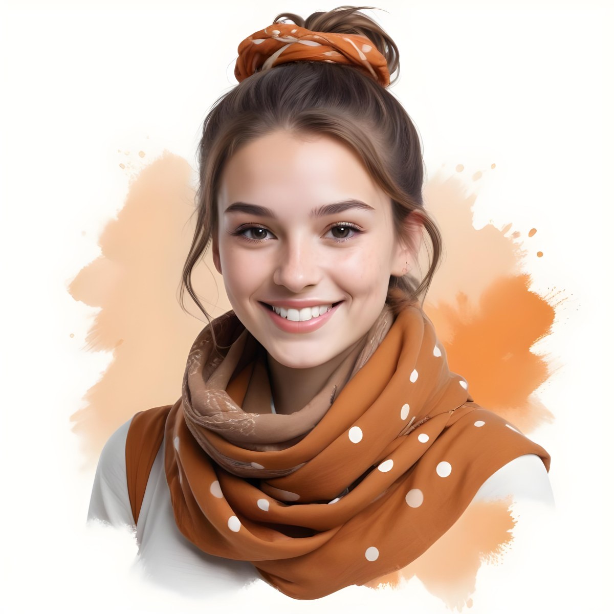 A White Woman With Light Skin 23 Years Old Brown Hair In A Bun Wearing A Brown Scarf Smiling In A White Background With Orange Spots 46 3af5