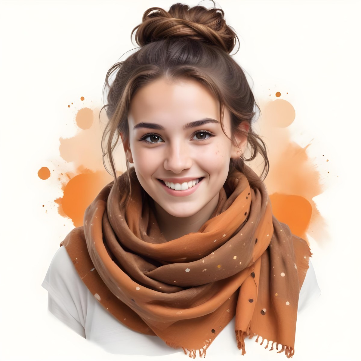 A White Woman With Light Skin 23 Years Old Brown Hair In A Bun Wearing A Brown Scarf Smiling In A White Background With Orange Spots 49 1e8e