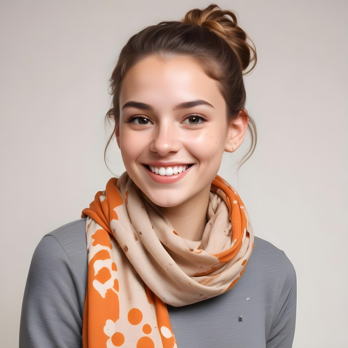 A White Woman With Light Skin 23 Years Old Brown Hair In A Bun Wearing A Brown Scarf Smiling In A White Background With Orange Spots 62 33aa