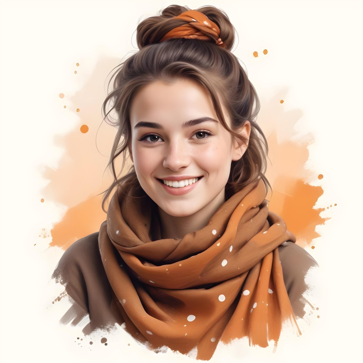 A White Woman With Light Skin 23 Years Old Brown Hair In A Bun Wearing A Brown Scarf Smiling In A White Background With Orange Spots 69 27a5