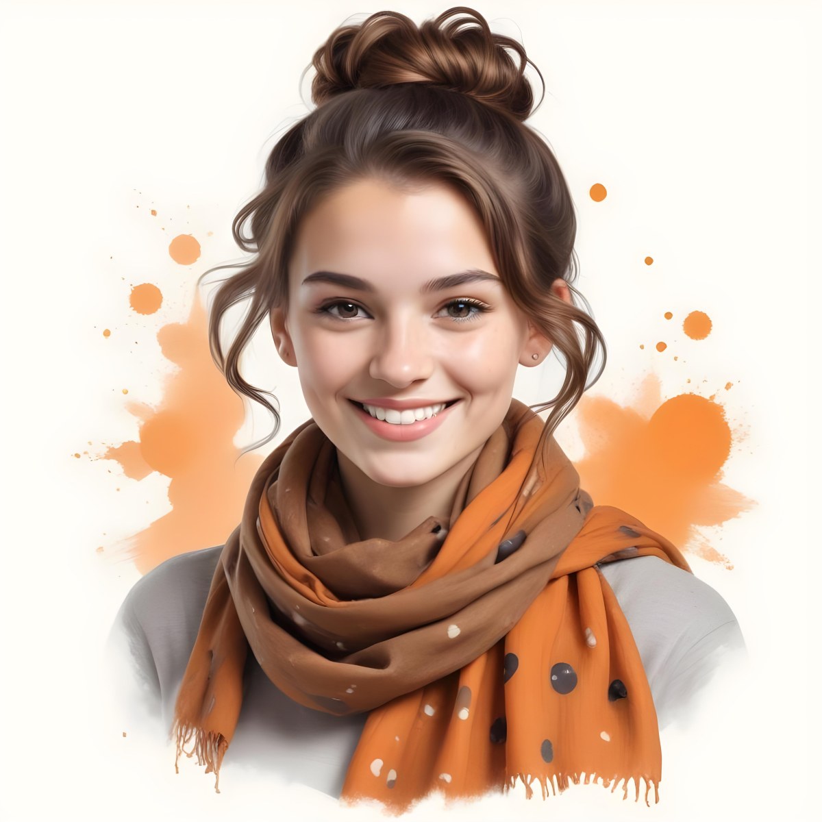 A White Woman With Light Skin 23 Years Old Brown Hair In A Bun Wearing A Brown Scarf Smiling In A White Background With Orange Spots 71 6c03