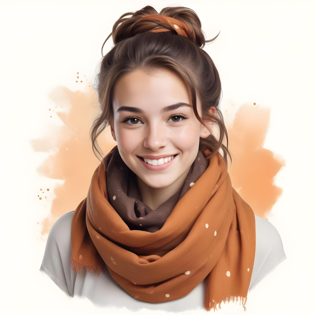 A White Woman With Light Skin 23 Years Old Brown Hair In A Bun Wearing A Brown Scarf Smiling In A White Background With Orange Spots 73 92dd