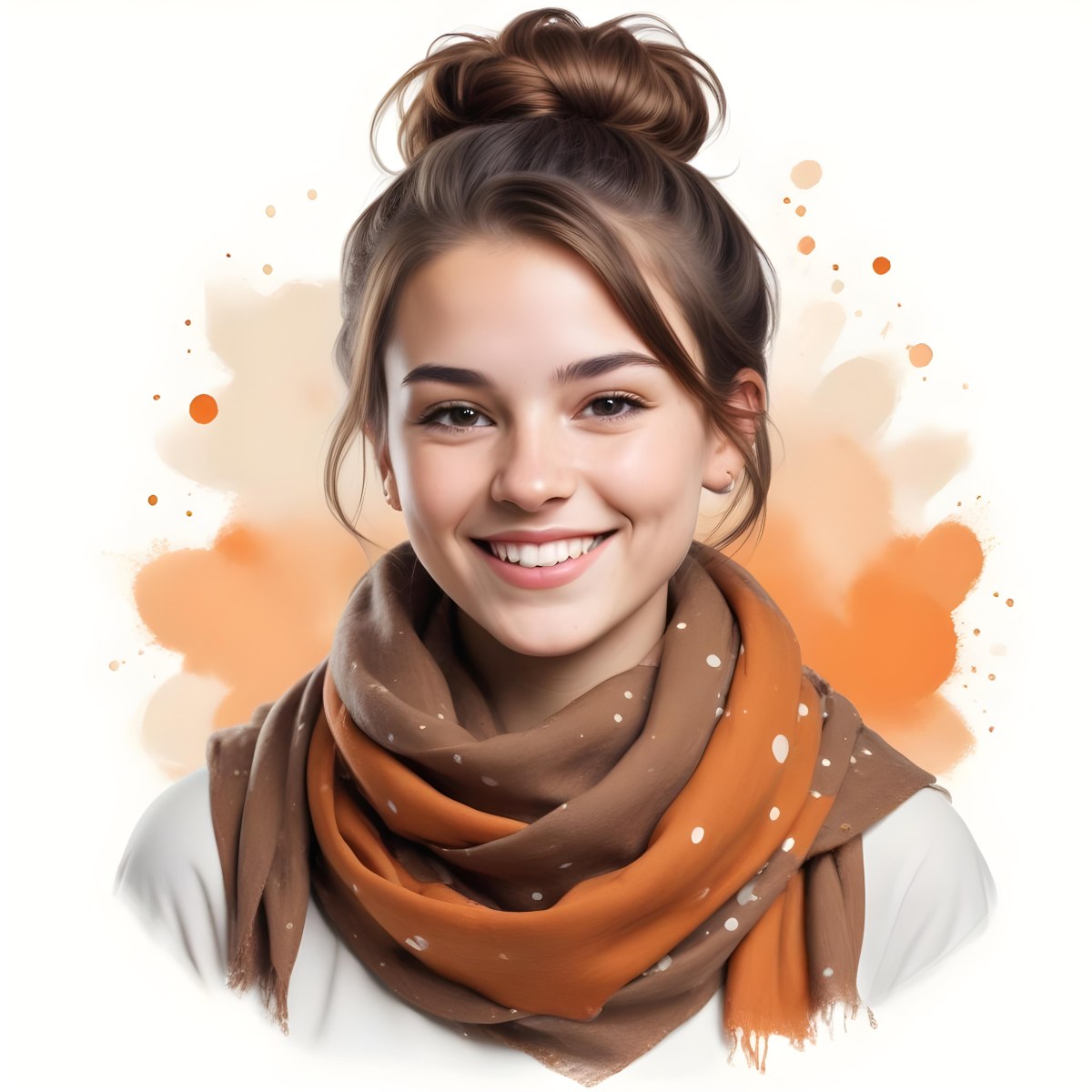 A White Woman With Light Skin 23 Years Old Brown Hair In A Bun Wearing A Brown Scarf Smiling In A White Background With Orange Spots 74 8e27