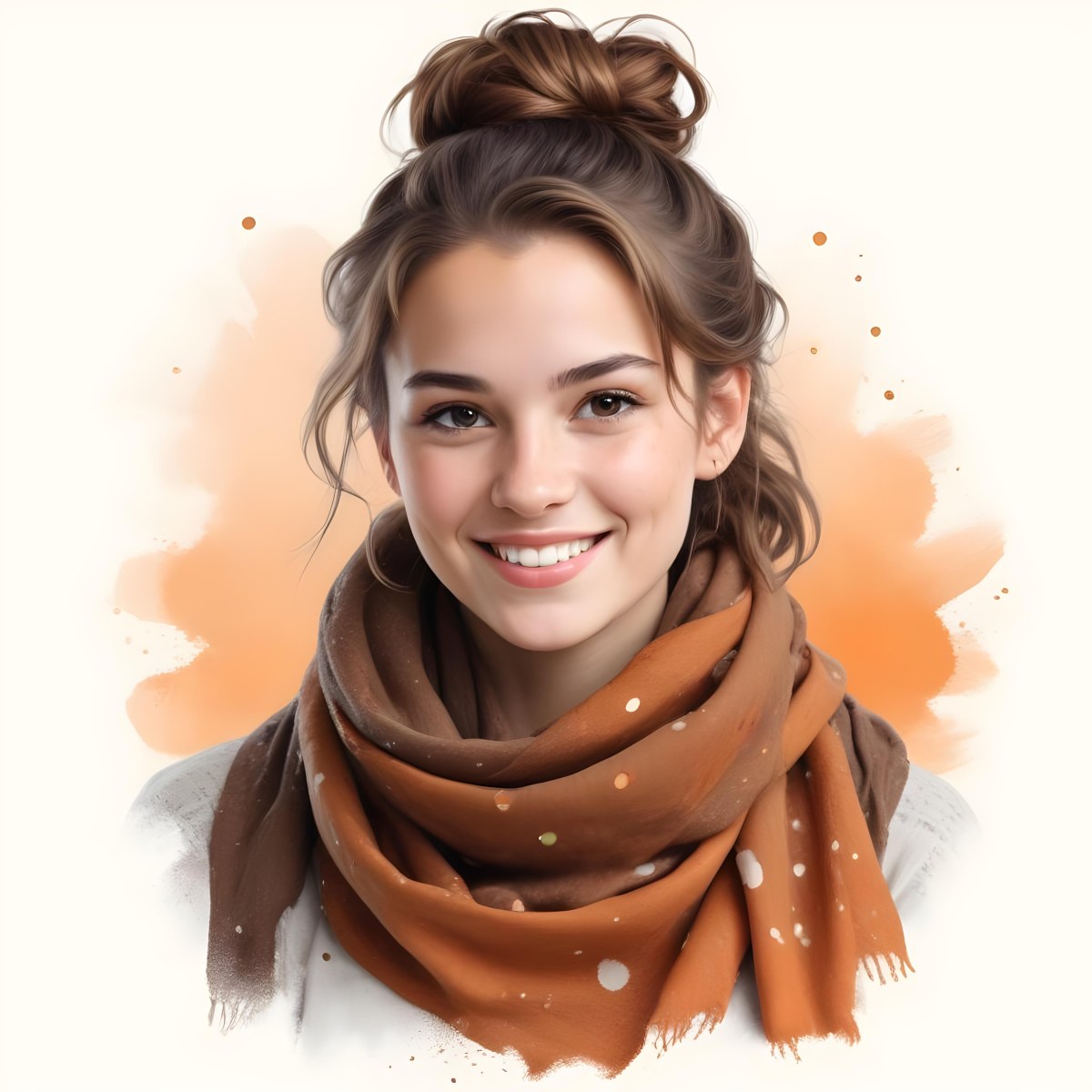 A White Woman With Light Skin 23 Years Old Brown Hair In A Bun Wearing A Brown Scarf Smiling In A White Background With Orange Spots 78 Adde