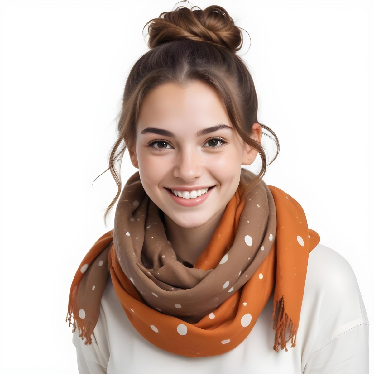 A White Woman With Light Skin 23 Years Old Brown Hair In A Bun Wearing A Brown Scarf Smiling In A White Background With Orange Spots 82 344e