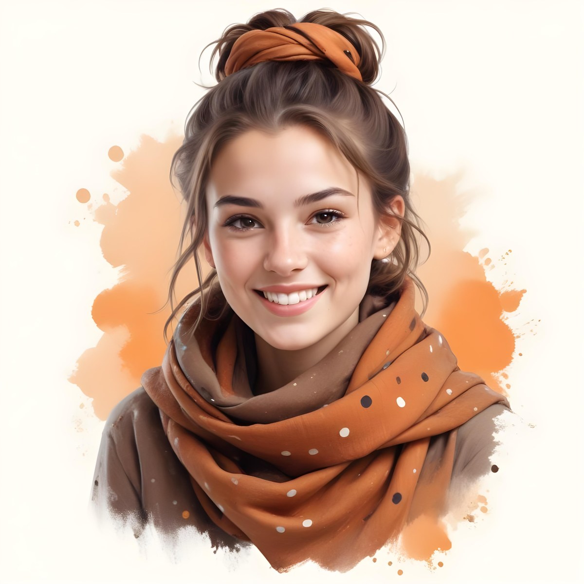 A White Woman With Light Skin 23 Years Old Brown Hair In A Bun Wearing A Brown Scarf Smiling In A White Background With Orange Spots 9 F8ed