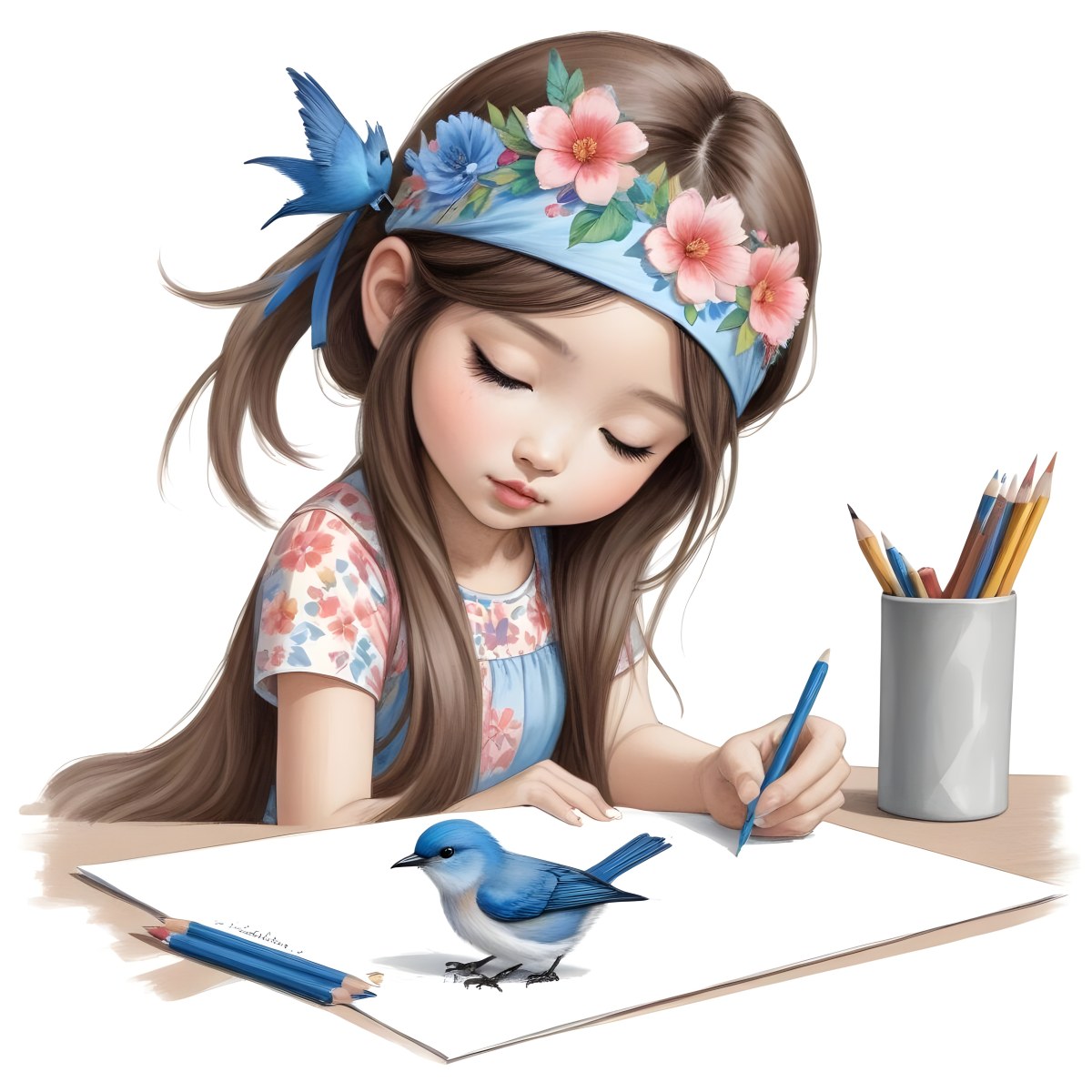 A Young Asian Girl With Long Dark Hair Wearing A Flower Crown Sitting At A Table And Drawing With Colored Pencils With A Blue Bird Perched Next To Her 5 9acb