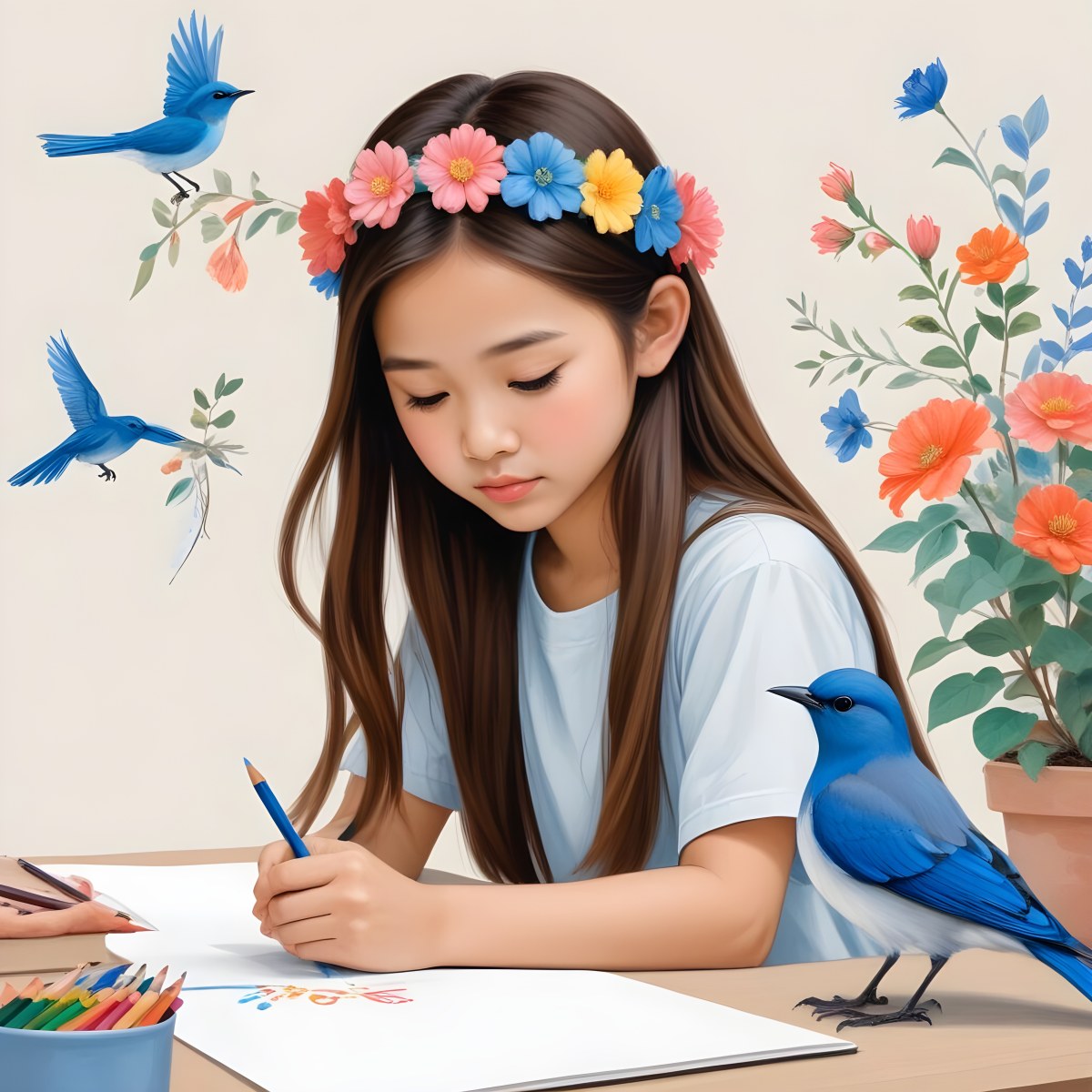 A Young Asian Girl With Long Dark Hair Wearing A Flower Crown Sitting At A Table And Drawing With Colored Pencils With A Blue Bird Perched Next To Her 6 F76f