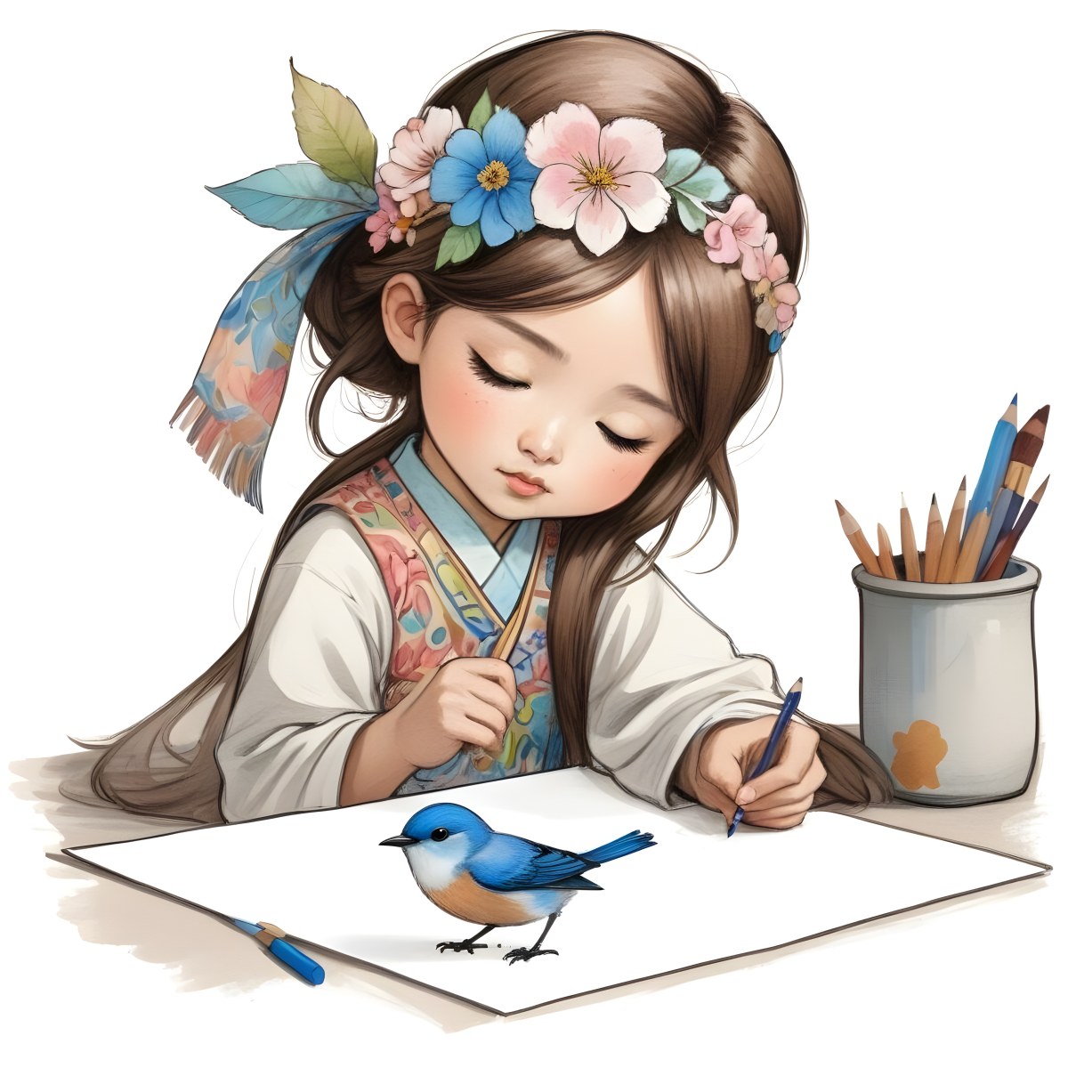 A Young Asian Girl With Long Dark Hair Wearing A Flower Crown Sitting At A Table And Drawing With Colored Pencils With A Blue Bird Perched Next To Her 7 5006