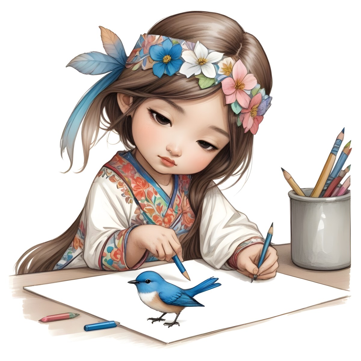 A Young Asian Girl With Long Dark Hair Wearing A Flower Crown Sitting At A Table And Drawing With Colored Pencils With A Blue Bird Perched Next To Her 9 015d