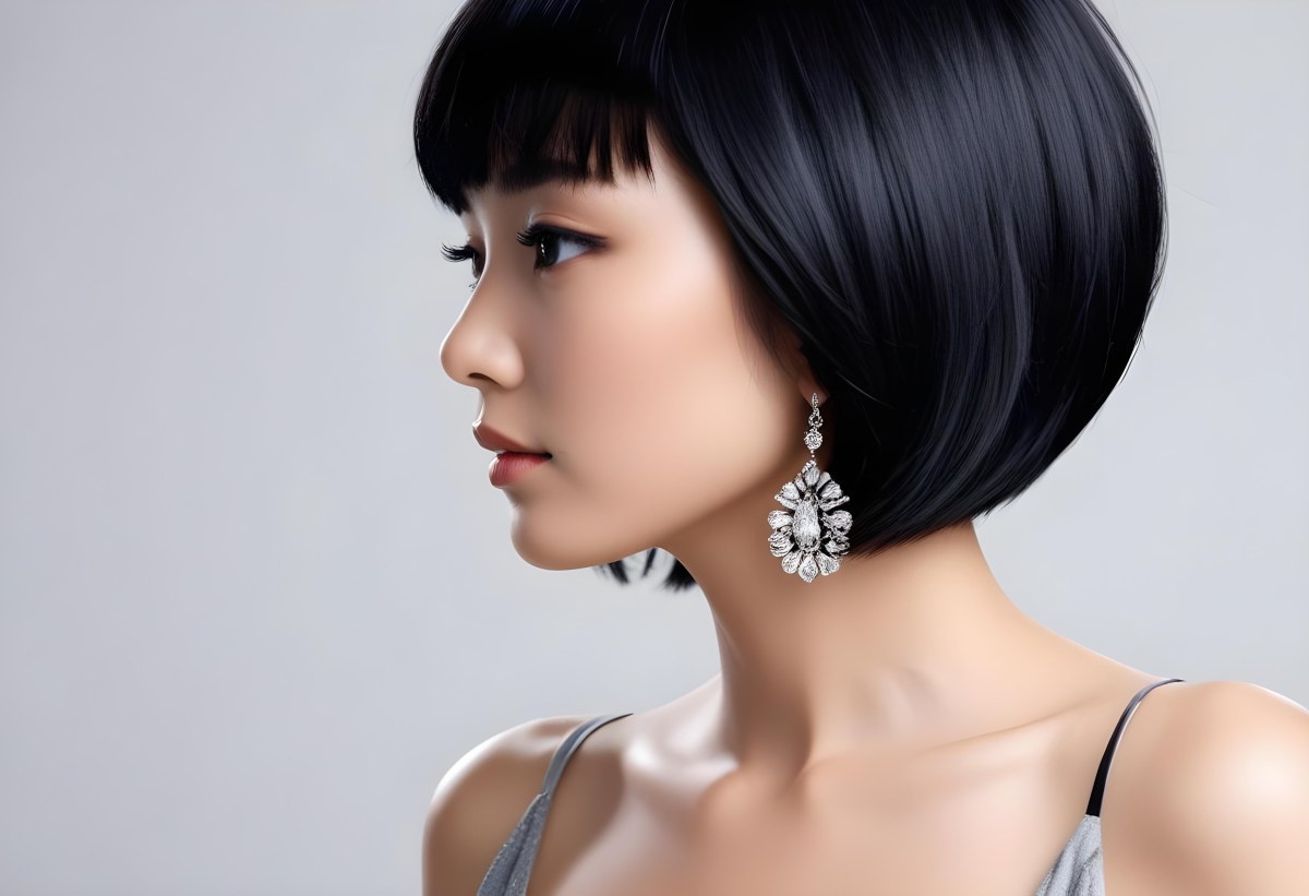 A Young Asian Woman With Short Black Hair And Pearl Earrings Looking To The Side 10 2ce5