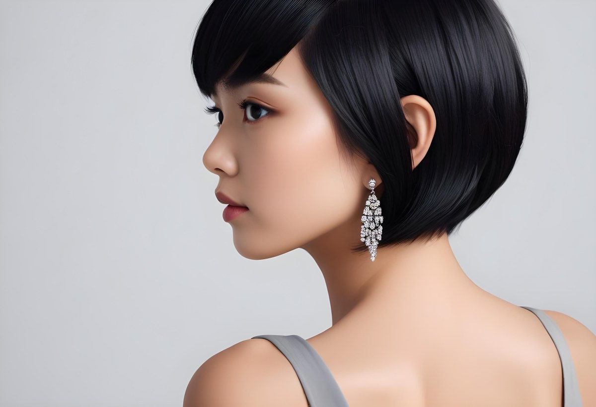 A Young Asian Woman With Short Black Hair And Pearl Earrings Looking To The Side 2 561a