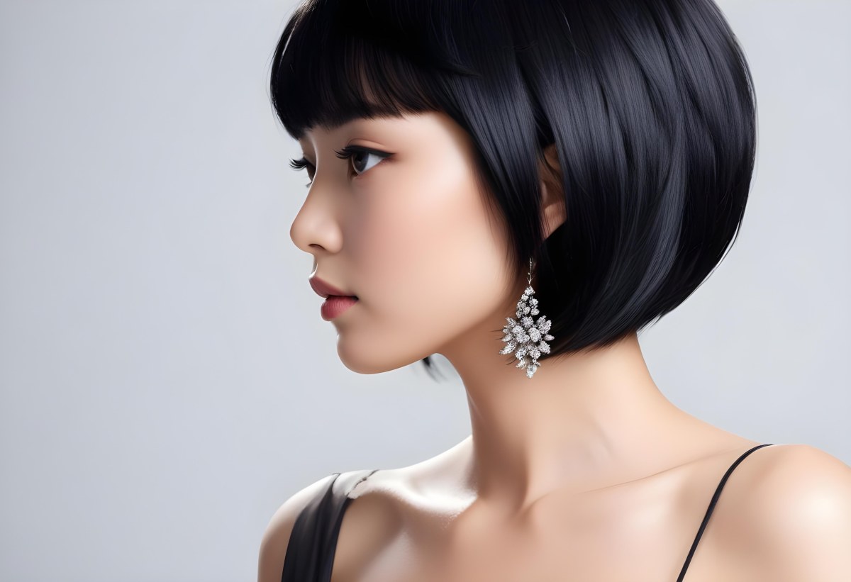 A Young Asian Woman With Short Black Hair And Pearl Earrings Looking To The Side 3 3c88