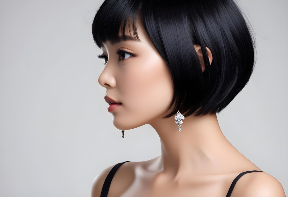 A Young Asian Woman With Short Black Hair And Pearl Earrings Looking To The Side 5 3f75