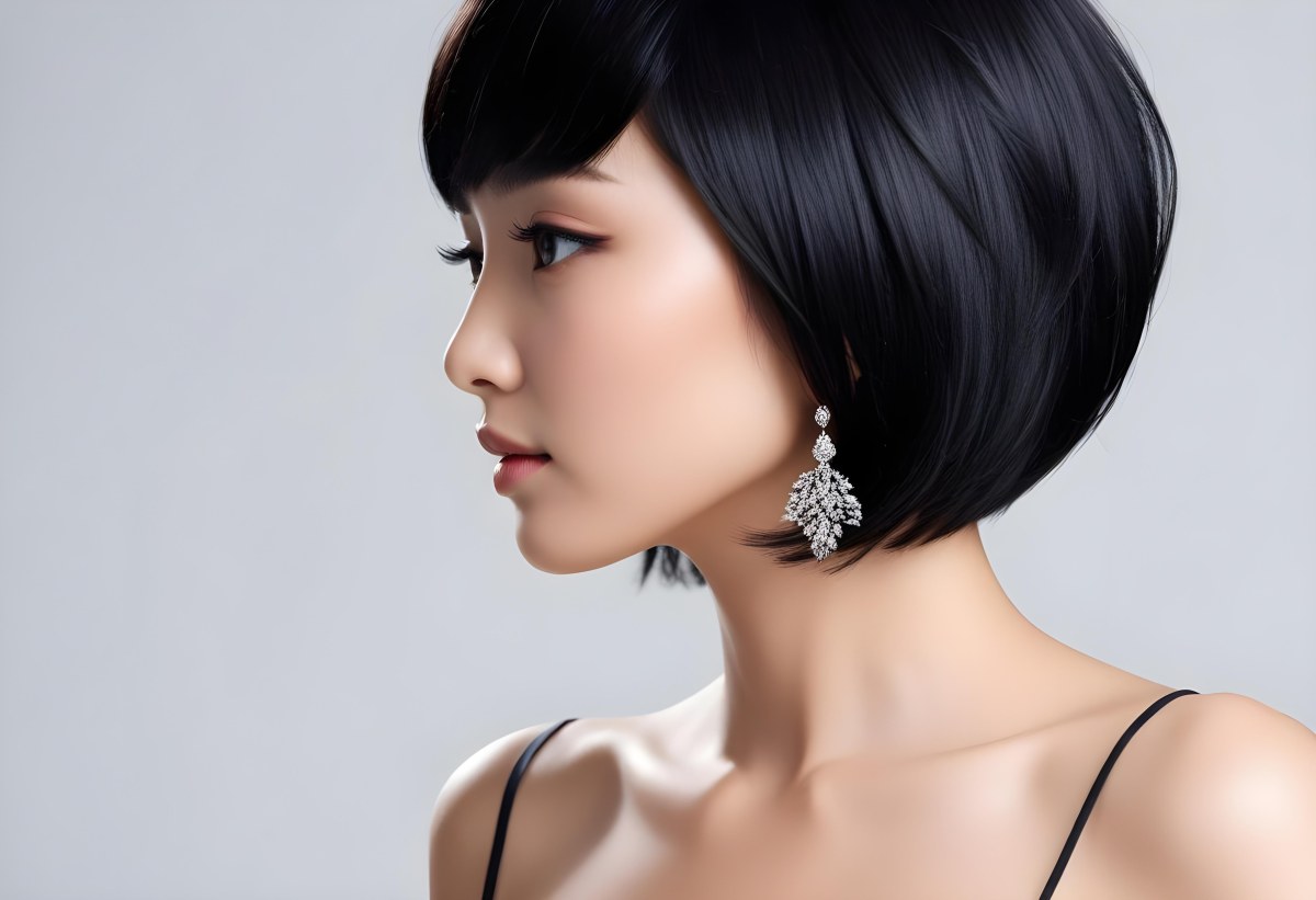 A Young Asian Woman With Short Black Hair And Pearl Earrings Looking To The Side 8 B6ba