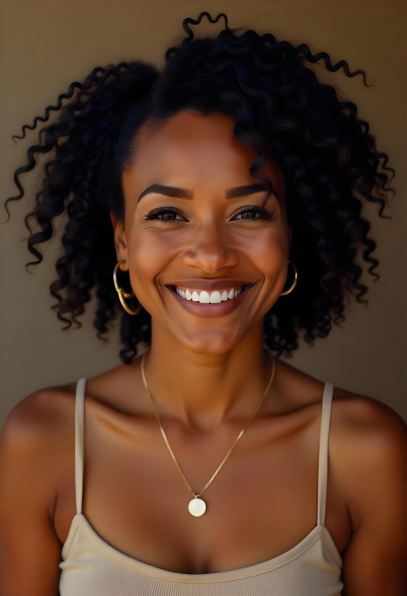 A Young Black Woman With Curly Dark Hair And A Warm Friendly Smile 5 C428