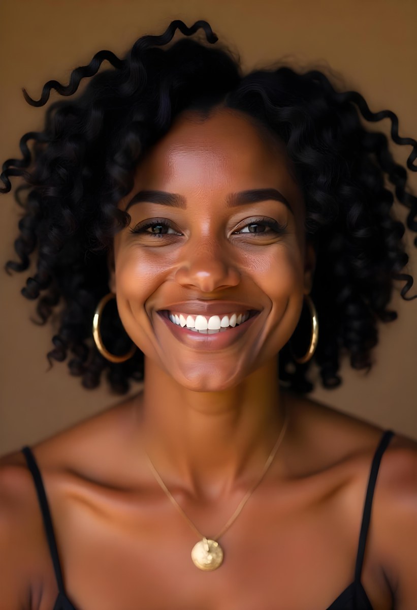 A Young Black Woman With Curly Dark Hair And A Warm Friendly Smile 6 E0e2